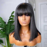 1B Green highlight Short Bob With Bangs Human Hair Wigs Straight Full Machine Made Natural Black Glueless Brazilian Remy Hair