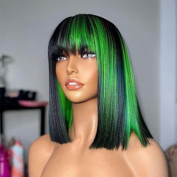 1B Green highlight Short Bob With Bangs Human Hair Wigs Straight Full Machine Made Natural Black Glueless Brazilian Remy Hair