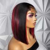 4X4 Lace Closure Bob Wig With Bangs Remy Brazilian Red Highlight 13x1 T Part Lace Wig Pre Plucked With Bleached Knots