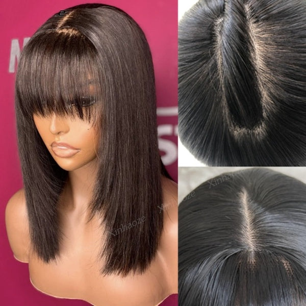 5x5 Silk Top Human Hair Wigs With Bangs Straight Hair Bob Wig  Natural Black Color Short 13x4 Lace Frontal Human Hair Wigs