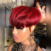 99J Red Color Pixie Short Cut Bob Wigs Ombre Human Hair Wigs Brazilian Straight pixie Wig With Natural Bangs