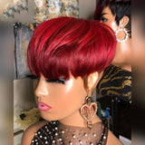 99J Red Color Pixie Short Cut Bob Wigs Ombre Human Hair Wigs Brazilian Straight pixie Wig With Natural Bangs