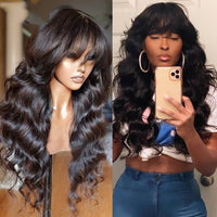 Bangs Wig Human Brazilian Wavy O Scalp Top Full Machine Made Human Hair Wig With Bangs Remy  24inch 200 Density