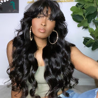 Bangs Wig Human Brazilian Wavy O Scalp Top Full Machine Made Human Hair Wig With Bangs Remy  24inch 200 Density