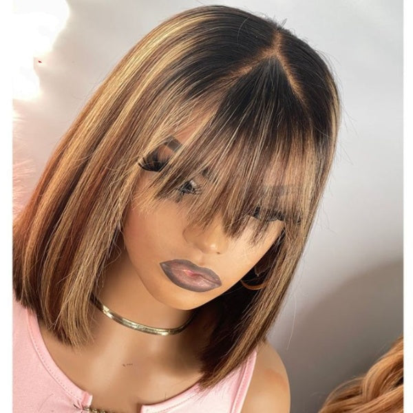Blonde Highlight Lace Front Human Hair Wigs With Bang Remy Brazilian Short Bob Lace Wigs Pre Plucked
