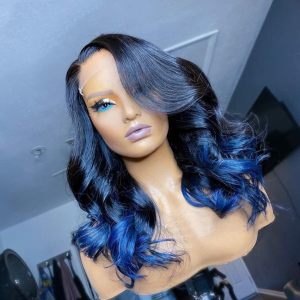 Blue Ombre Color Indian Hair 13x6 Lace Front Wig Natural Hairline Loose Wave Remy Hair 13x4 Lace Front Human Hair Wig