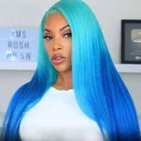 Blue Straight Lace Front Human Hair Wigs Ombre 150% HD Transparent Lace Frontal Wigs Remy Front Lace Wigs Pre Plucked