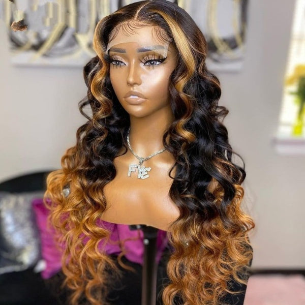 Brazilian 180% Ombre highlight Blonde Human Hair Wigs  Preplucked Ombre Highlight Remy Wavy Hair 13x4 Lace Front Wig