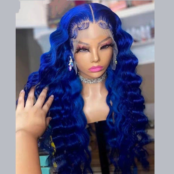 Brazilian Remi Real Hair Blue Color Deep Wave Human Hair Wigs 13×4 Lace Frontal Hair Wigs 200 Density Hd Lace Frontal Wig