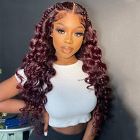 Cherry Red highlight Burgundy Colored Loose Water Wave Curly Lace Front Wigs Pre-Plucked Human Hair Wigs 180% Density