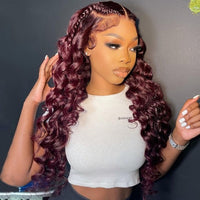 Cherry Red highlight Burgundy Colored Loose Water Wave Curly Lace Front Wigs Pre-Plucked Human Hair Wigs 180% Density