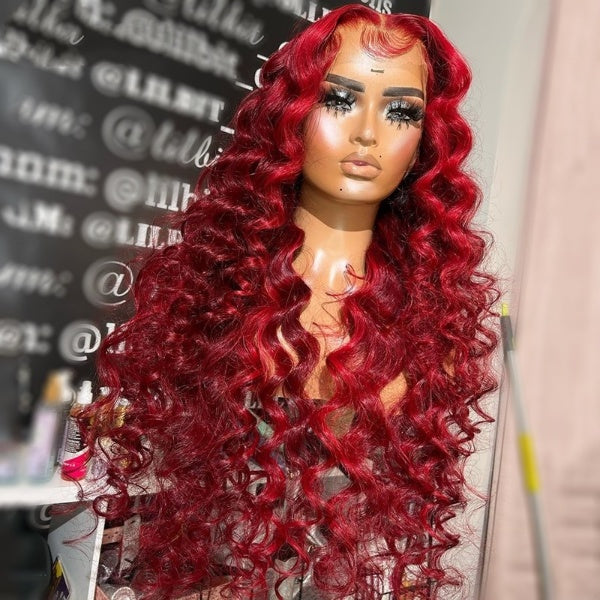 Cherry Red highlight Burgundy Colored Loose Water Wave Curly Lace Front Wigs Pre-Plucked Human Hair Wigs 180% Density