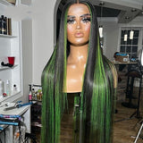 Colored Green Black Straight Lace Frontal Wig Brazilian Remy Hair 13x4 Human Hair Wig Pre Plucked Human Hair