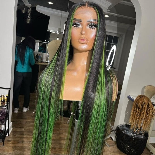 Colored Green Black Straight Lace Frontal Wig Brazilian Remy Hair 13x4 Human Hair Wig Pre Plucked Human Hair