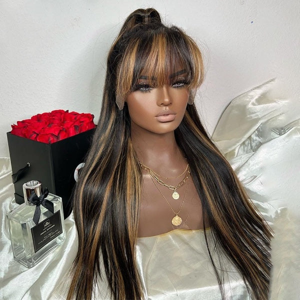 Colored Lace Front Human Hair Wigs With Bang Brazilian Remy 13x4 Silk Straight Blonde Highlight Lace Front Wig