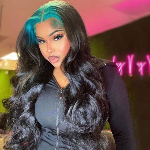 Colored Light Green Root Lace Frontal Wigs Human Hair Body Wave 13x4 Lace Front Wig Transparent Lace Peruvian Remy Hair