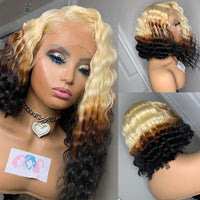Curly BOB Ombre Blonde Colored 613 human hair Lace Front Wig Full 360 Glueless Frontal HD Transparent Deep Wave