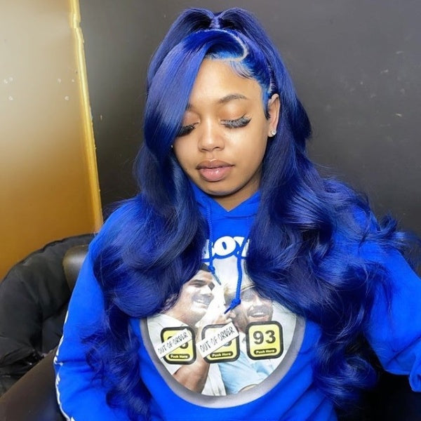Dark Blue Body Wave Wigs Pre Plucked Transparent 13*4 Lace Front Human Hair Wigs Ombre Colored