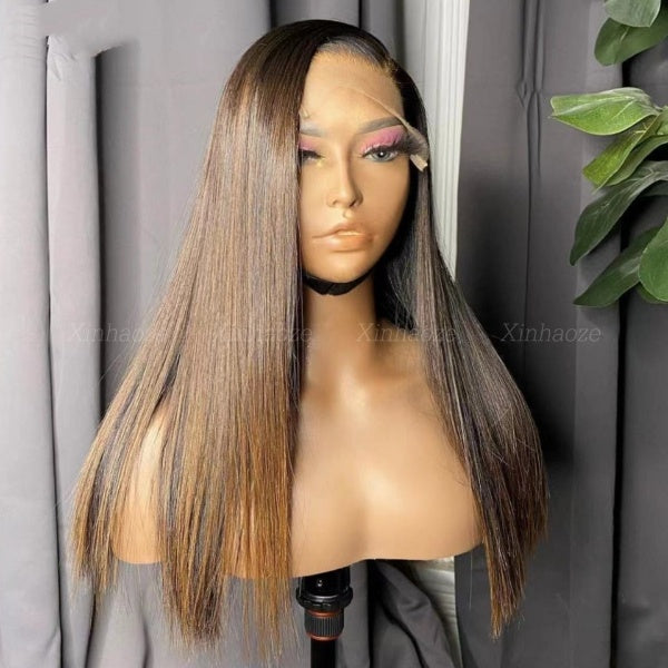 Dark Brown Bone Straight Human Hair 13x6 Lace Frontal Wig Highlight Wig Remy Brazilian Transparent 5x5 Silk Top Wigs