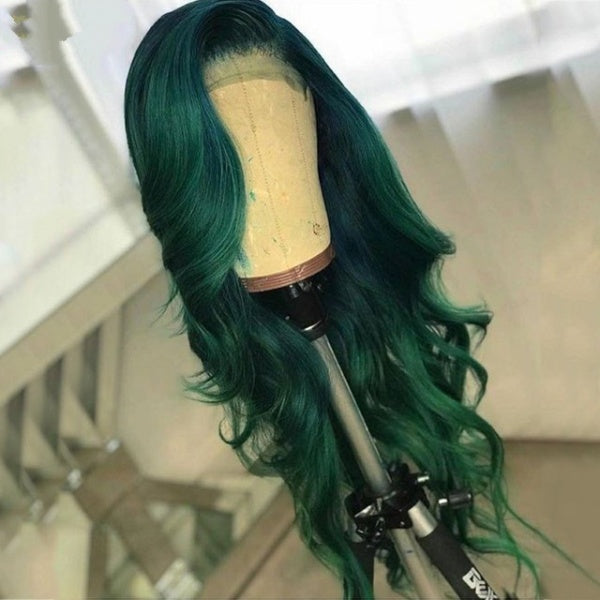 Dark Green Lace Front Human Hair Wigs Transparent Lace Body Wave Lace Frontal Wig  4X4 Closure Green Wig