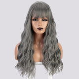 Long 26 inch Water Wave Wigs Synthetic Grey Wigs with Bangs