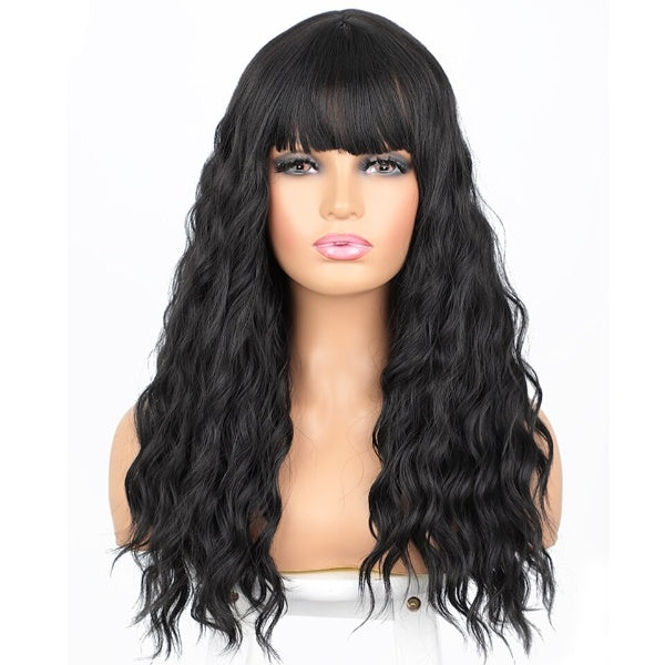 Wavy Black Wig with Bangs Synthetic Wigs