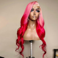 Ombre Red Color 30 Inch Body Wave 13x4 Synthetic Invisible Lace Front Pink