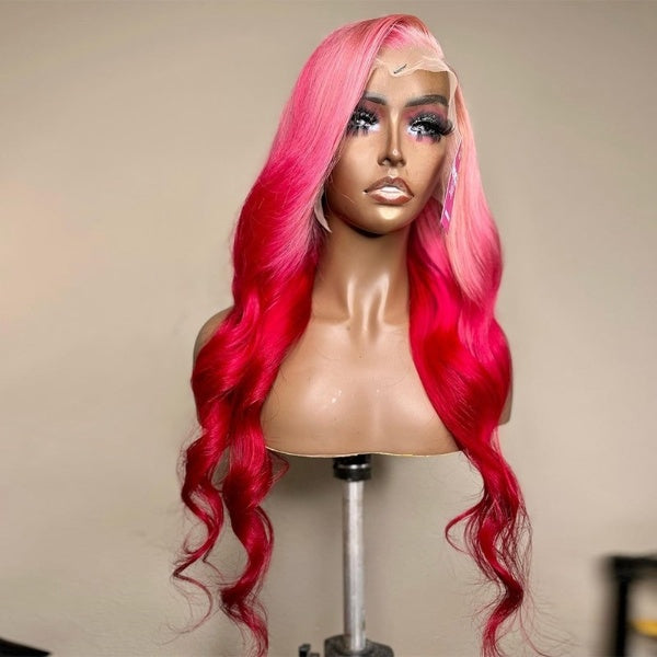 Ombre Red Color 30 Inch Body Wave 13x4 Synthetic Invisible Lace Front Pink