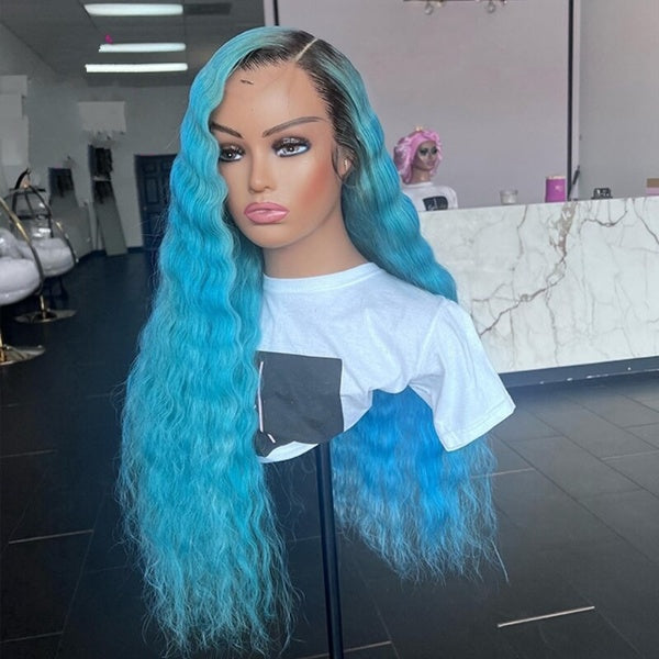 Ombre Blue Color 30 Inch Deep Wave 13x4 Invisible Synthetic Lace Front Preplucked Wigs  With Baby Hair