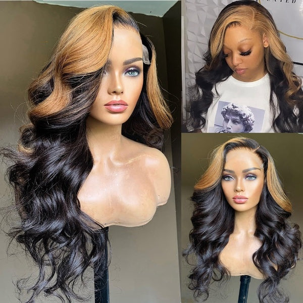 Loose Wave Honey Blonde 30Inch Synthetic Wig Transparent 13X4 Lace Front Ombre Highlight Color