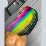 Red Rainbow Color Blunt Short Bob Pixie Cut 13x4 Synthetic Lace Front Preplucked 16 Inch wig  With Baby Hair For Summer