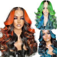Loose Wave Ginger Green Blue Highlight Ombre Color Synthetic Glueless Invisible 13X4 Lace Front Wigs