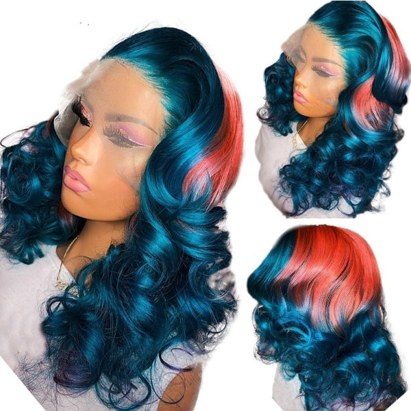 Body Wave Blue Orange Ginger Ombre Color Transparent 13X4 Lace Front Synthetic Wigs