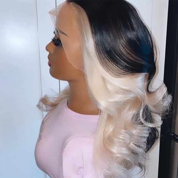 Platinum Blonde Ombre Colored 13×4 Synthetic Lace Front Preplucked  Transparent Highlight 30 Inch Body Wave