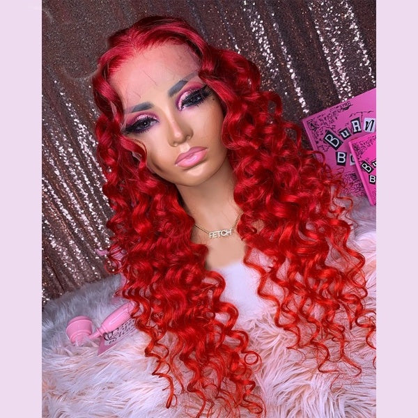 Long Straight Jerry Curly 99J Burgundy Red Color Glueless Transparent Synthetic 13X4 Lace Front Wig Preplucked