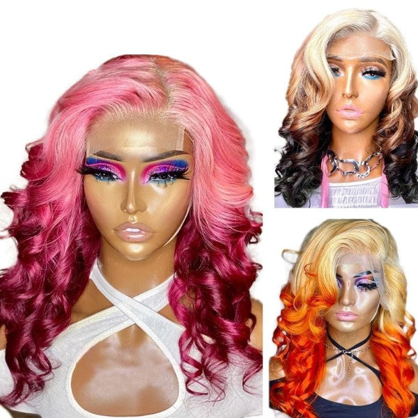 13X4 Lace Front Wigs Short Bob Cut Body Wave 613 Honey Blonde Pink Ginger Ombre Color Frontal Synthetic Invisible