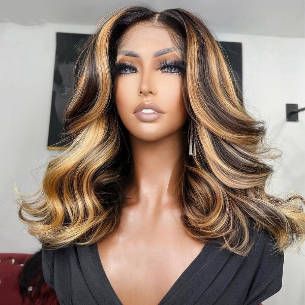 Highlight Synthetic Honey Blonde Wig Loose Wave Pre Plucked Transparent 13X4 Lace Front