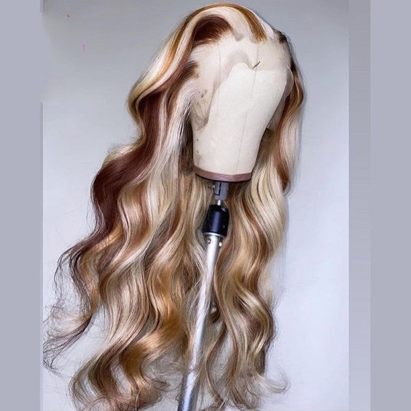 Honey Blonde Colored Synthetic 13×4 Lace Front Wig Highlight 30 Inch Transparent Lace Preplucked