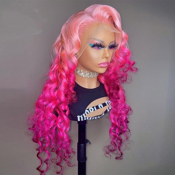 Loose Wave Pink Ombre Color Synthetic Hair Glueless Invisible Transparent Lace Wig Preplucked Heat Resistant