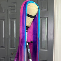 Long Straight Rainbow Blue Purple Pink Colored Transparent Synthetic 13X4 Lace Front Wigs Preplucked