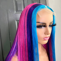 Long Straight Rainbow Blue Purple Pink Colored Transparent Synthetic 13X4 Lace Front Wigs Preplucked