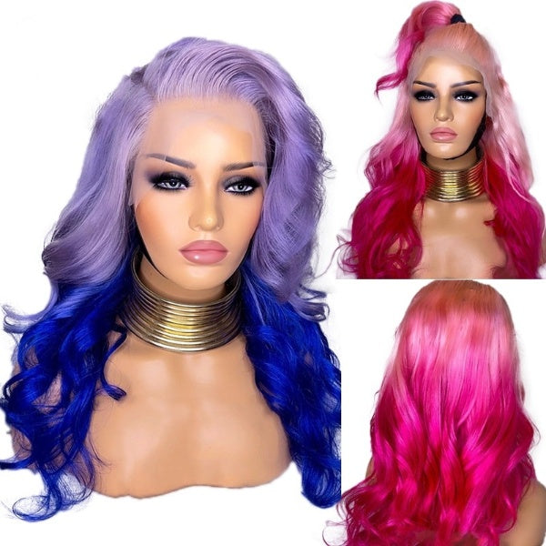Loose Wave Purple Blue Pink Ombre Color Synthetic 13X4 Lace Frontal Wigs With Baby Hair Prepluck