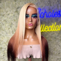 Straight 30inch 613 Honey Blonde Ombre Color Frontal Synthetic Glueless Transparent 13X4 Lace Front Wigs
