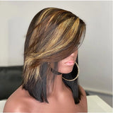 Short Bob Wigs With Side Bangs Highlight Brazilian Remy Lace Front Human Hair 5x5PU Silk Base Lace Wig  U Part