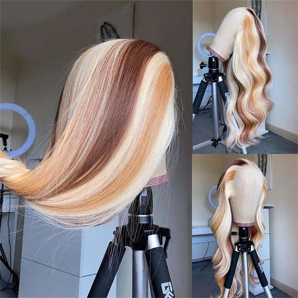 Highlight 613 Brown Blonde Colored Human Hair Wig Body Wave Ombre HD Transparent Lace Front Wigs 180 Density