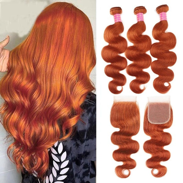 Ginger Bundles With Closure Body Wave Bundles With Lace Closure Brazilian Remy Blonde Orange Colored  Hair Weave