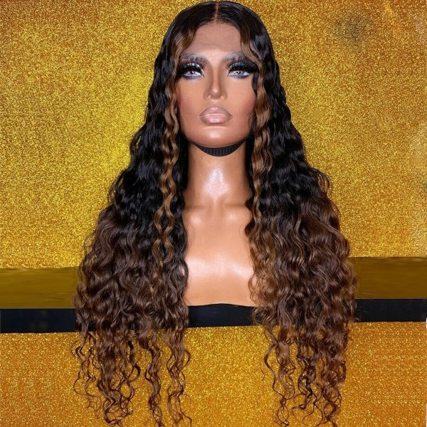 Highlight Colored Lace Front Wigs Remy Indian Human Hair Ombre Brown Color Nature Wave Wig Pre Plucked