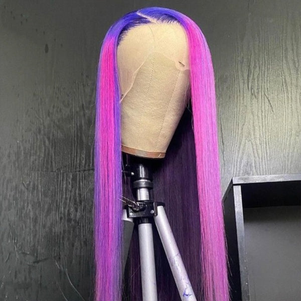Pink Purple Highlight Wig Straight Frontal Wigs Human Hair Brazilian Remy 30 Inch T Part Transparent Lace Pre Plucked