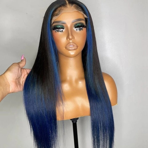 Ombre Green Red Blue Colored highlight 13x6 Lace Frontal Human Hair Wig Brazilian Straight Lace Wig Transparent 4x4 Closure Wig