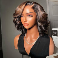 Short Bob Human Hair Wigs Pre Plucked Highlight Colored Wave Brazilian Remy 4x4 Bob Lace Closure Wig
